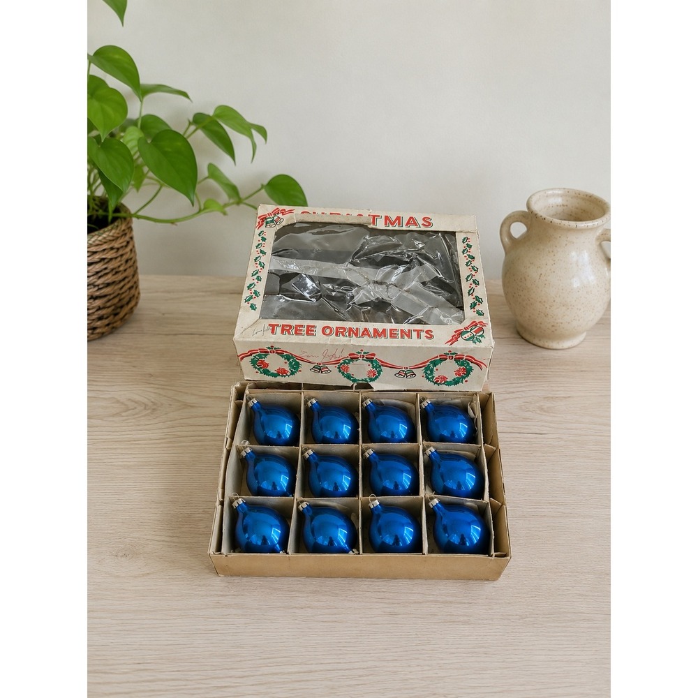 Vintage Blue Mercury Glass Teardrop Christmas Ornaments Set 12 Poland Austria